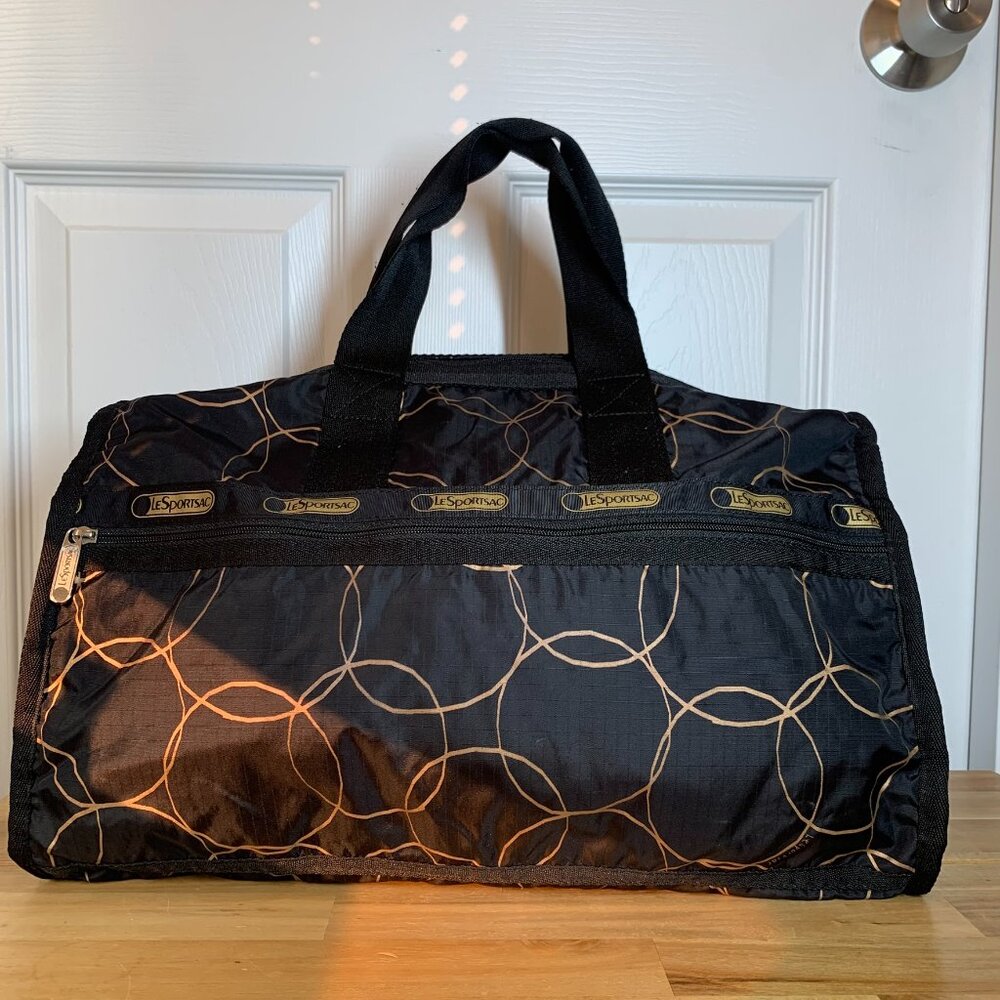 LeSportsac Black & Gold Geometric Nylon Duffel Bag – Weekender Travel Tote w/ St